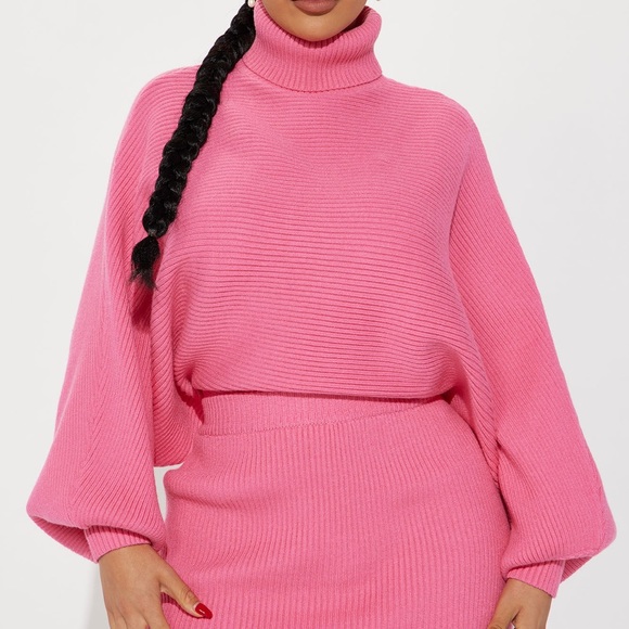 Pink ribbed turtleneck dolman sweater skirt dress set - Picture 3 of 5
